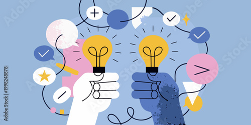 Hands holding light bulbs with idea symbols illustration