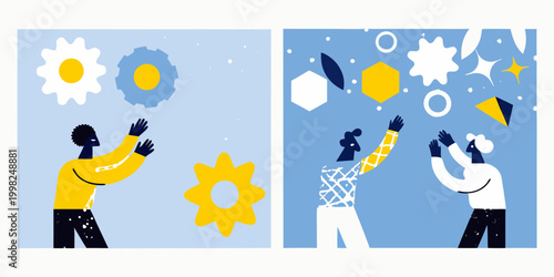 Illustration of people interacting with geometric shapes and gears