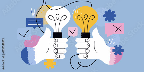 Hands holding light bulbs with doodle elements illustration