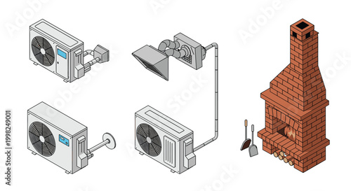 Isometric illustrations of outdoor air conditioning condenser units and a traditional brick outdoor fireplace with a tall chimney structure.