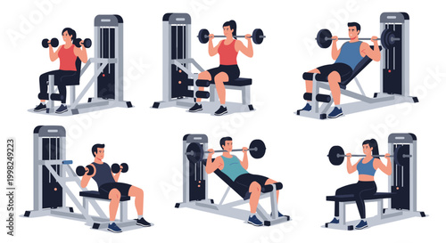 Group of men and women performing strength training exercises on various gym machines and with free weights for fitness and bodybuilding goals.