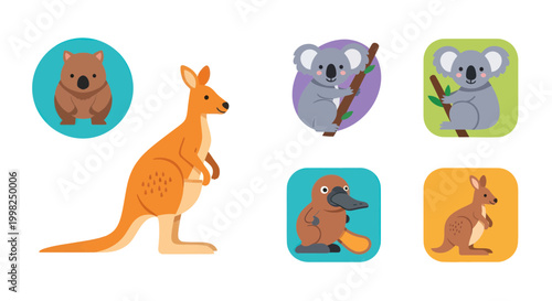 Cute Australian Animals Set: Kangaroo, Koala, Wombat, Platypus Icons