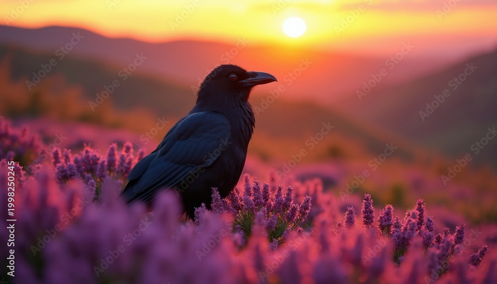 Obraz premium Black raven bird sits in purple heather field during golden sunset. Misty mountains and warm sky create magical natural backdrop. Bird watches horizon during dusk.
