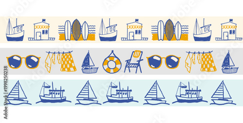 Fotografie Travel and summer hand drawn doodle seamless border pattern set