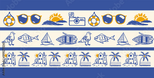 Hand drawn doodle  summer beach and coastal seamless border pattern set. Nautical elements with boat, gull, camera, lighthouse and palm tree in blue and yellow colors