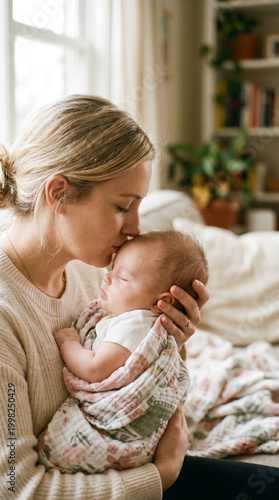 Close-up of mother kissing baby forehead, tenderness and care, Mother's Day