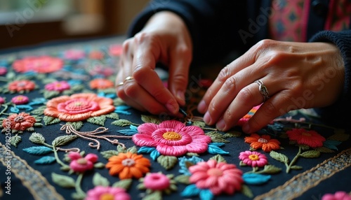 Hands skillfully sew floral tatreez embroidery on dark cloth. Colorful threads form intricate flower patterns. Traditional Palestinian craft.