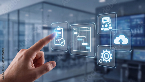 Digital project management interface framework for task checklist scheduling team collaboration cloud integration and automated workflow coordination in modern corporate office environment