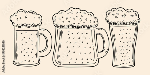Engraved beer glasses with foam vector illustration. Hand drawn sketch style beer glassware set for oktoberfest and bar menus
