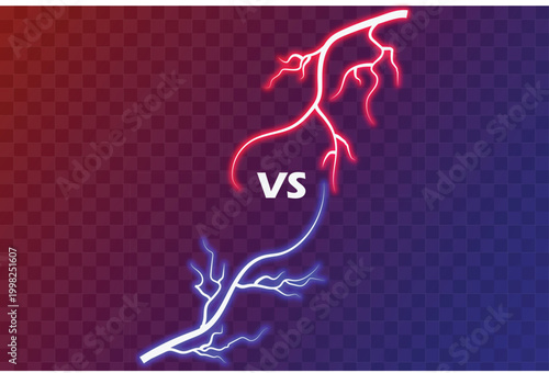 Neon lightning bolts with versus text on a gradient checkered background bolt comparison red. Resizable and Editable. EPS, 10.