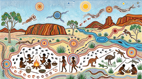 Vivid Australian Aboriginal dot painting depicts a vibrant indigenous landscape with people, animals, sacred sites, and celestial bodies under a bright sun.