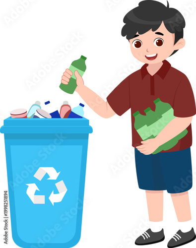Cute Boy Recycling Plastic Bottle Illustration