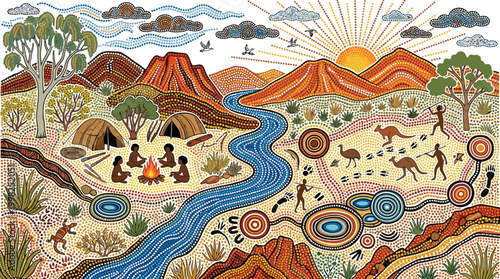 Vibrant aboriginal dot painting depicts Australian indigenous life, showing people, native animals, a winding river, mountains, and a community camp under the rising sun.