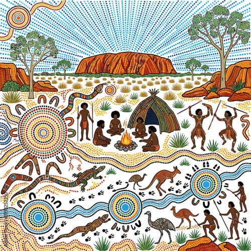 Vibrant aboriginal dot painting depicts Uluru landscape with indigenous people, animals, and traditional campsite scene