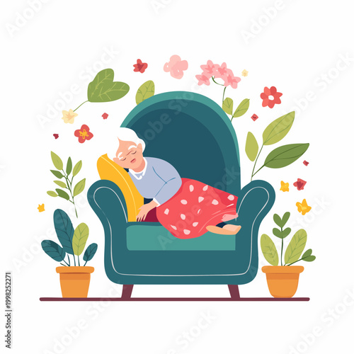 Elderly Woman Sleeping Peacefully on a Comfortable Armchair Surrounded by Plants