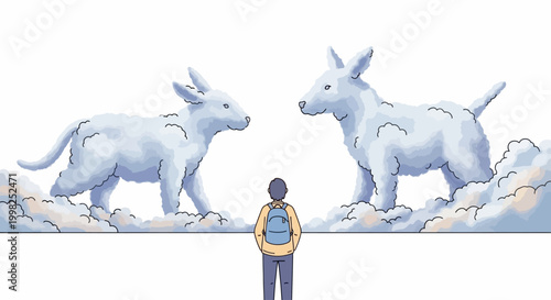 Person standing between two white dogs.