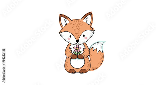 Cute cartoon orange fox holding flower.