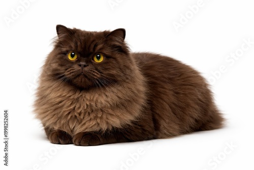 single brown Persian cat striking yellow eyes relaxed loaf pose with paws tucked under the body angled three quarter view plush voluminous coat minimal modern wallpaper concept