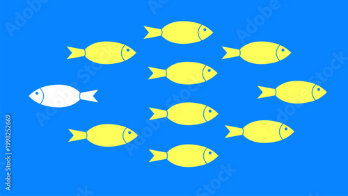 Multiple fish swimming in one directions and one in another being different concept design