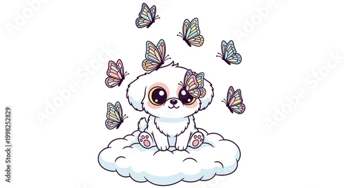 Cute Cartoon Dog Sitting Cloud Butterflies.
