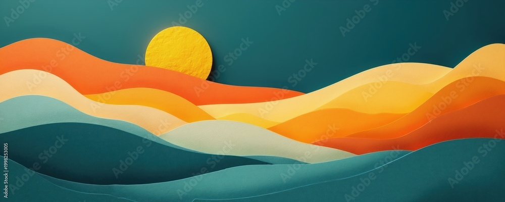 Fototapeta premium Abstract landscape illustration with layered warm, cool tones, textured yellow sun. Smooth paper cutouts create rolling hills, wavy terrain for serene, minimalist scene. Ideal for backgrounds.