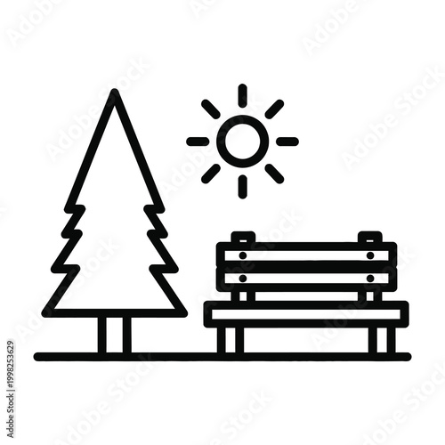 Bench under sunny pine tree in park