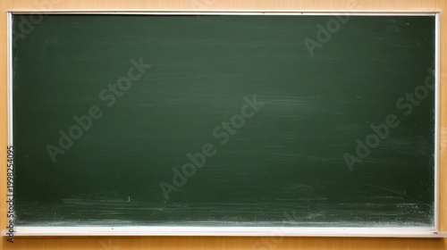 Full Shot Horizontal School Chalkboard Dark Green Surface Light Brown Wide Wooden Frame Thin White Silver Inner Border Subtle Chalk Smudges Educational Design Element