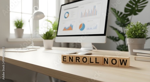 Empower Your Future 'ENROLL NOW' message on a modern workspace with a computer showing data analytics, representing digital education and online course registration
