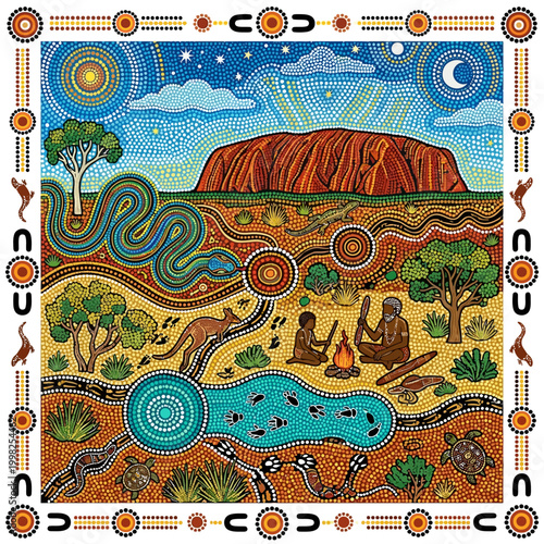 Vibrant aboriginal dot painting depicts Uluru, Dreamtime story, kangaroo, snake, people, fire, and waterhole with a starry night sky