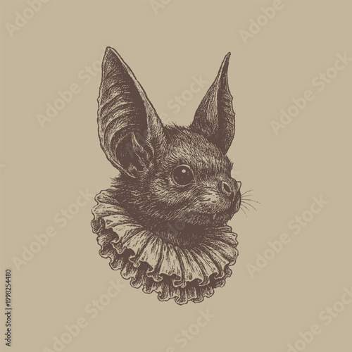 Detailed Illustration Of A Small Bat Wearing Elizabethan Collar