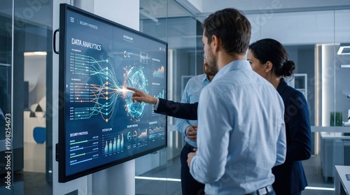 Corporate team analyzing complex big data analytics and security protocols on large interactive touchscreen display in glass meeting room, network visualization and business
