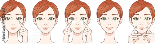 Eye care routine illustration showing under eye treatment steps, reducing puffiness and dark circles with facial massage and skincare application techniques