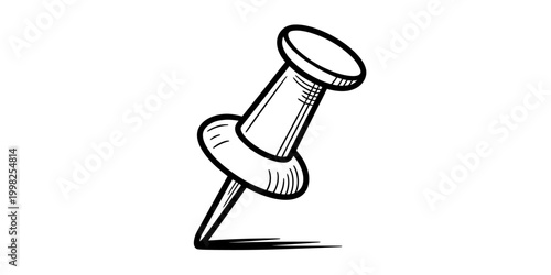 Simple black and white drawing of a thumbtack, a pushpin with a sharp point and a round head, shown from the side. Vector, illustration