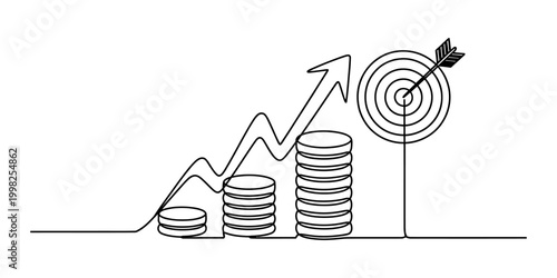 Growing stack of coins and upward arrow graph reaching a target with an arrow Vector, illustration