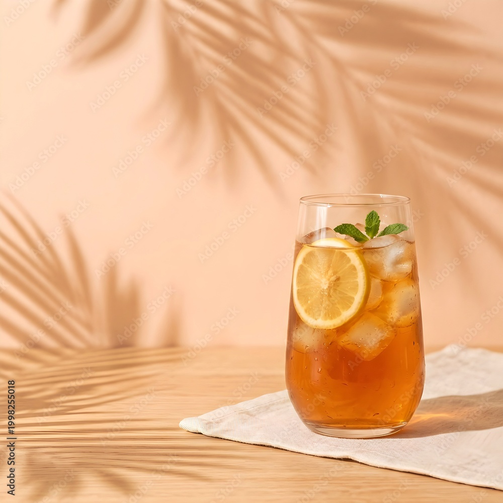 Fototapeta premium iced tea, lemon, mint, fresh, refreshing, cold, drink, beverage, summer, vacation, tropical, shadow, palm tree, light and shadow, table, napkin, fabric, napkin, glass, ice cubes, lemon slice, mint spr