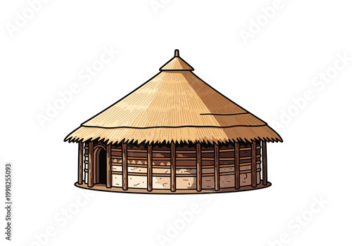 A traditional hut with a thatched conical roof stands alone in a serene environment.