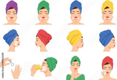 Skincare routine illustration set with diverse women applying facial products, cleansing, moisturizing, and self care beauty steps in colorful modern style
