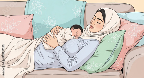 Muslim mother in hijab holding her newborn baby resting on a couch with pillows concept of motherhood and family bond