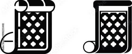 Carpet roll icons set, decorative floor rug symbols with pattern texture, home interior furnishing elements, bold black silhouette design – vector illustration