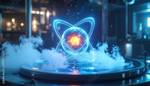 Futuristic Atom Model Display with Glowing Rings and Vapor.
