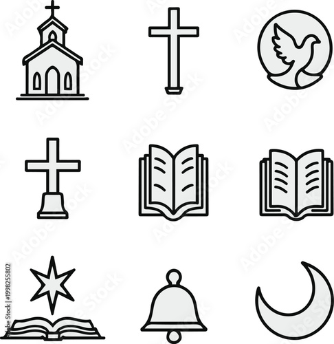 Minimal outline vector icon pack of 8 faith symbols church nativity star candle cross dove book bell crescent moon clean lines white background no effects-3.