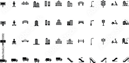 City icons collection, buildings, transport, street elements, urban infrastructure symbols, minimalist skyline and vehicle set – vector illustration