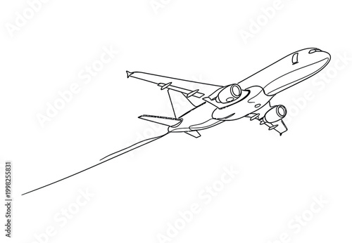 Detailed sketch of a passenger airplane in flight a black and white silhouette representation
