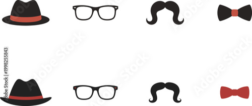 Classic gentleman accessories icons set, hat, glasses, mustache, bow tie collection, vintage style male fashion elements, minimalist flat design – vector illustration