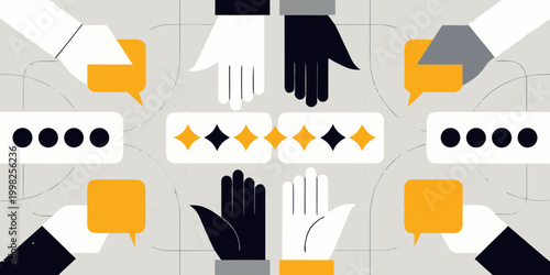 Hands interacting with speech bubbles and rating icons flat illustration