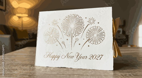 Create a realistic Happy New Year 2027 greeting card, gold fireworks vector art with white background..
