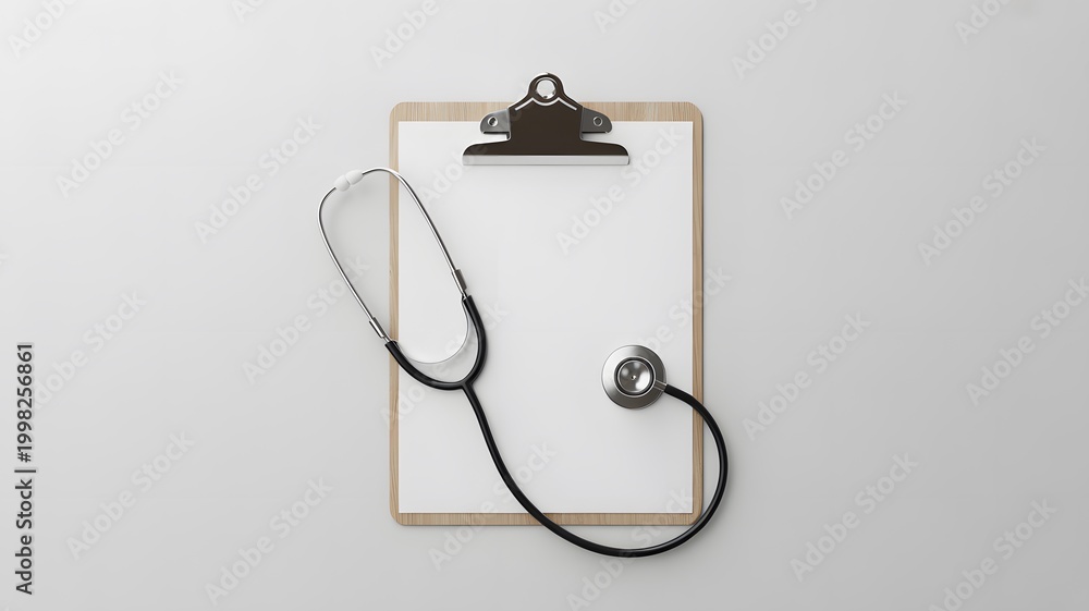 Fototapeta premium Healthcare Assessment: An overhead view of a clipboard with a stethoscope gracefully draped across its surface, symbolizing the core elements of medical evaluation and well-being.