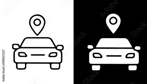 Photos Car with Location Pin GPS Tracking Navigation Line Icon Vector Set Black and Whi