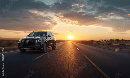 A sleek luxury electric SUV cruising down an open desert road at sunset embodying freedom and ambition