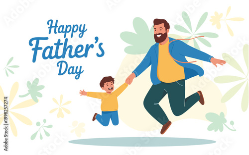 Happy father's day greeting with father and son playing frisbee